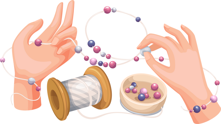 Woman hands making craft jewelry of beads